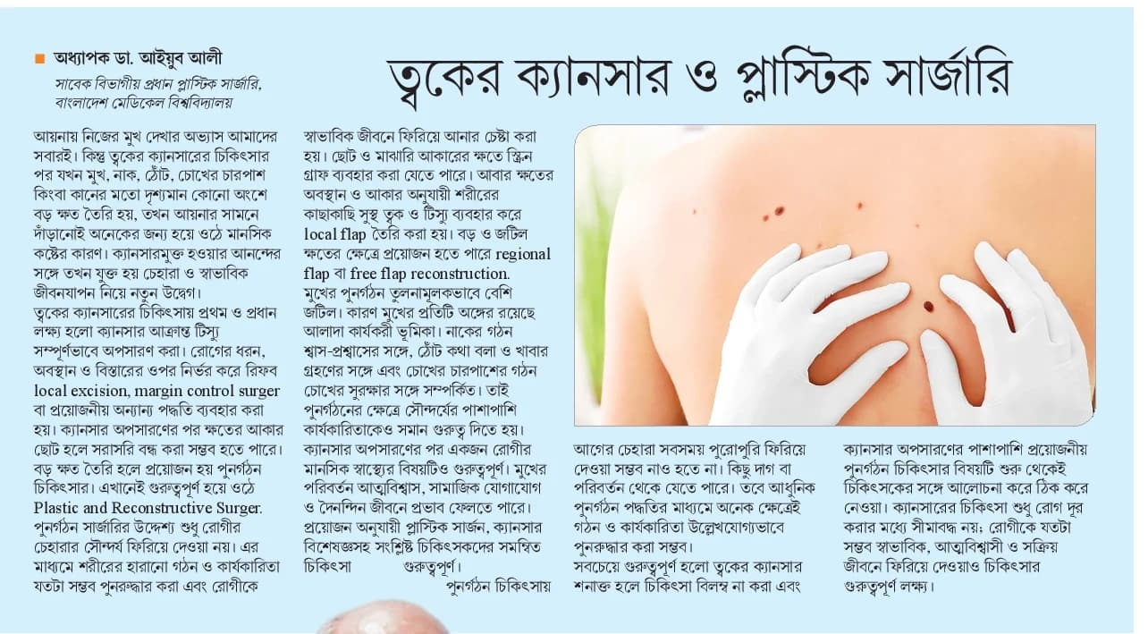 Newspaper clipping: “ত্বকের ক্যানসার ও প্লাস্টিক সার্জারি” by Prof. Dr. Ayub Ali, Desh Rupantor, 20 September 2026